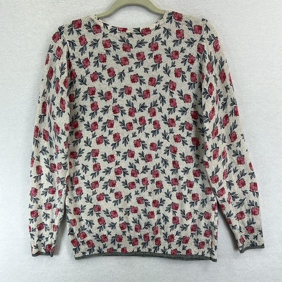 LOFT Women’s Sweater Sz L Crewneck Long Sleeve Cream/Gray/Pink Floral Lightwt - Picture 7 of 12